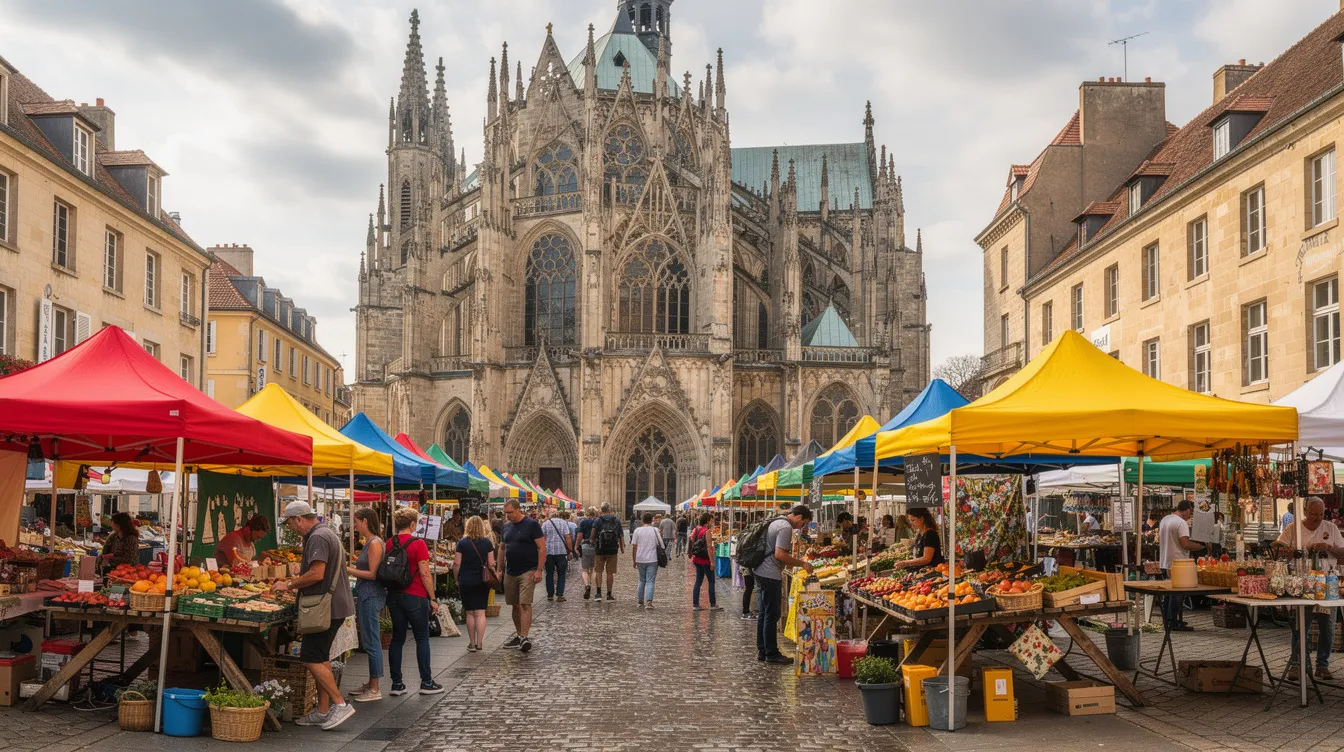 A imagem mostra um mercado ao ar livre vibrante, com barracas coloridas vendendo produtos frescos, enquanto ao fundo se destaca uma imponente catedral gótica, típica de cidades europeias, como Zagreb. O ambiente é animado, com várias pessoas explorando as opções disponíveis, refletindo a cultura local e a vida cotidiana da região.
