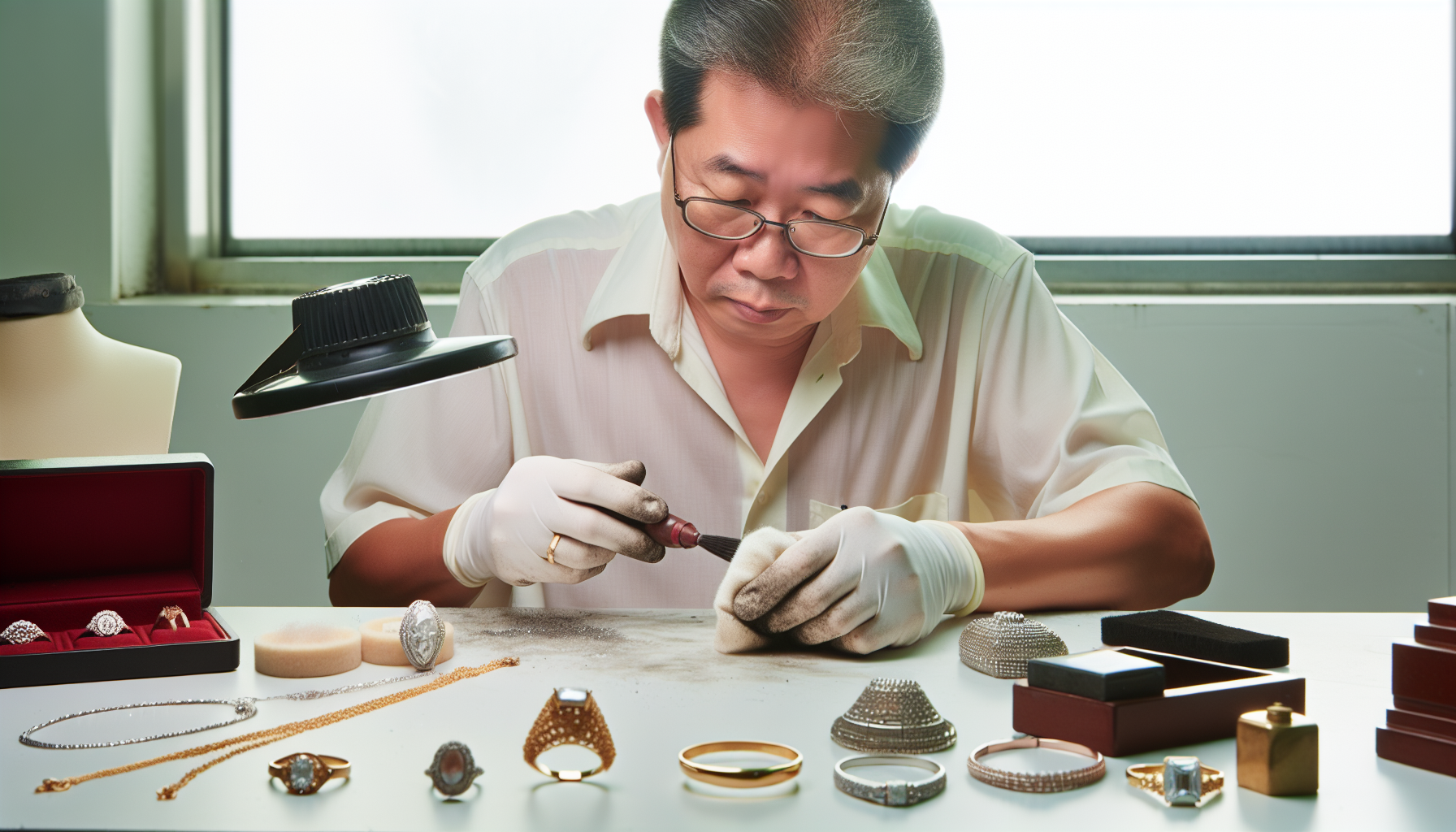 A person cleaning and polishing jewelry pieces