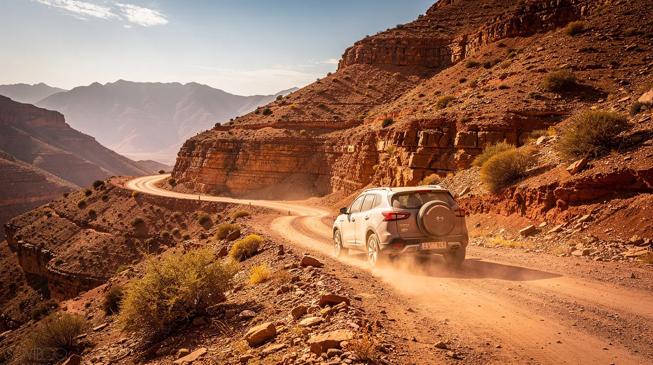 Un SUV avanza por una pista de tierra en las montañas del Anti-Atlas marroquí, rodeado de paisajes naturales impresionantes. Este tipo de vehículo es ideal para quienes buscan alquilar un coche y explorar la belleza de Marruecos, especialmente en rutas menos transitadas.