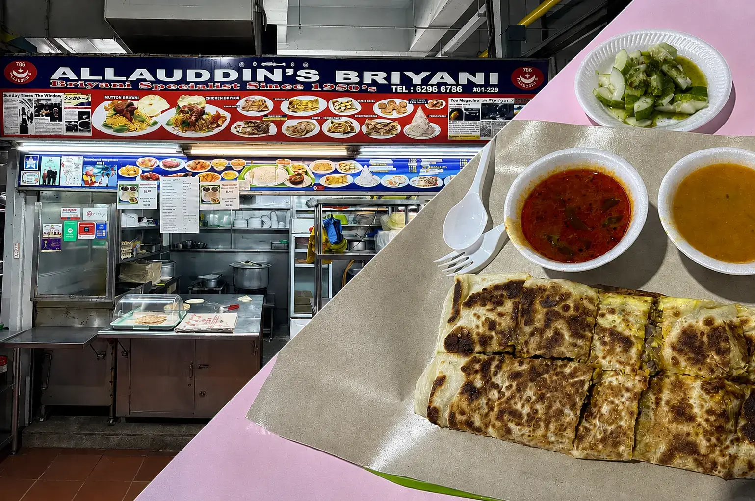 A split-screen image showing the "Allauddin's Briyani" hawker stall on the left, and a close-up of sliced murtabak served on paper with side bowls of curry, dhal, and pickled cucumbers on the right.