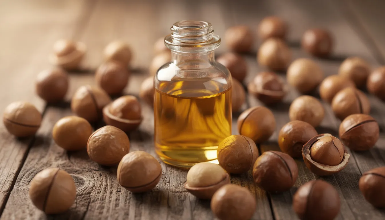 A close-up view features scattered macadamia nuts surrounding a small glass bottle filled with golden macadamia nut oil, all resting on a rustic wooden surface. The rich oil is known for its healthy fats and anti-inflammatory properties, making it a versatile ingredient for cooking and baking.