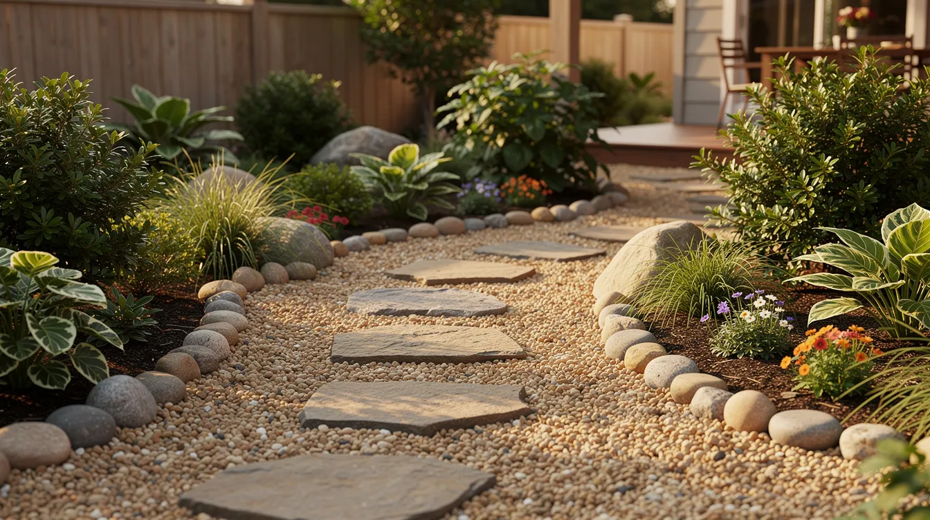 The image features a backyard garden setting with decorative pea gravel surrounding lush green plants and smooth stepping stones, creating a stable surface for walkways. The rounded stones enhance the aesthetic appeal while providing excellent drainage and erosion control, making it suitable for landscaping projects.