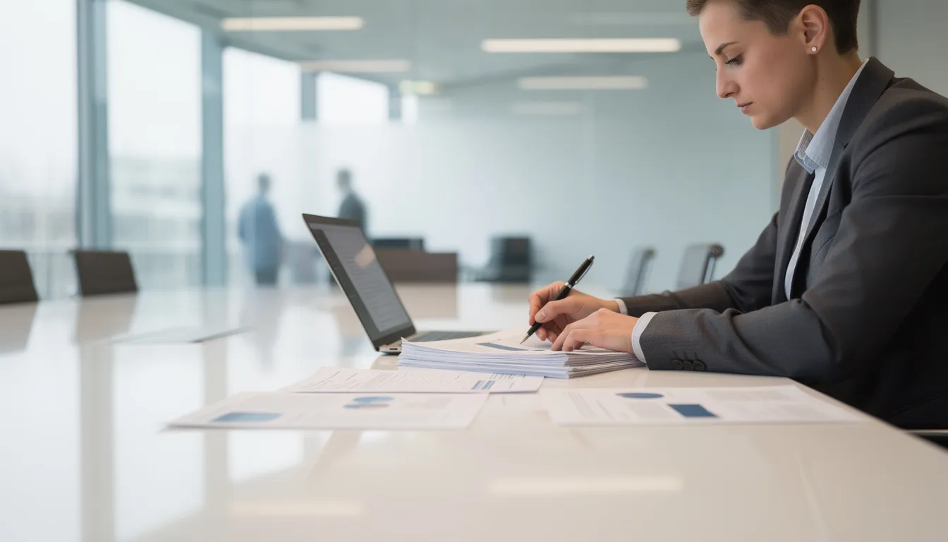 A professional, dressed in business attire, is seated at a conference table, intently reviewing documents, possibly related to legal services or regulatory compliance. The setting suggests a focus on legal issues, with an emphasis on providing counsel to small businesses navigating the complexities of the regulatory landscape.