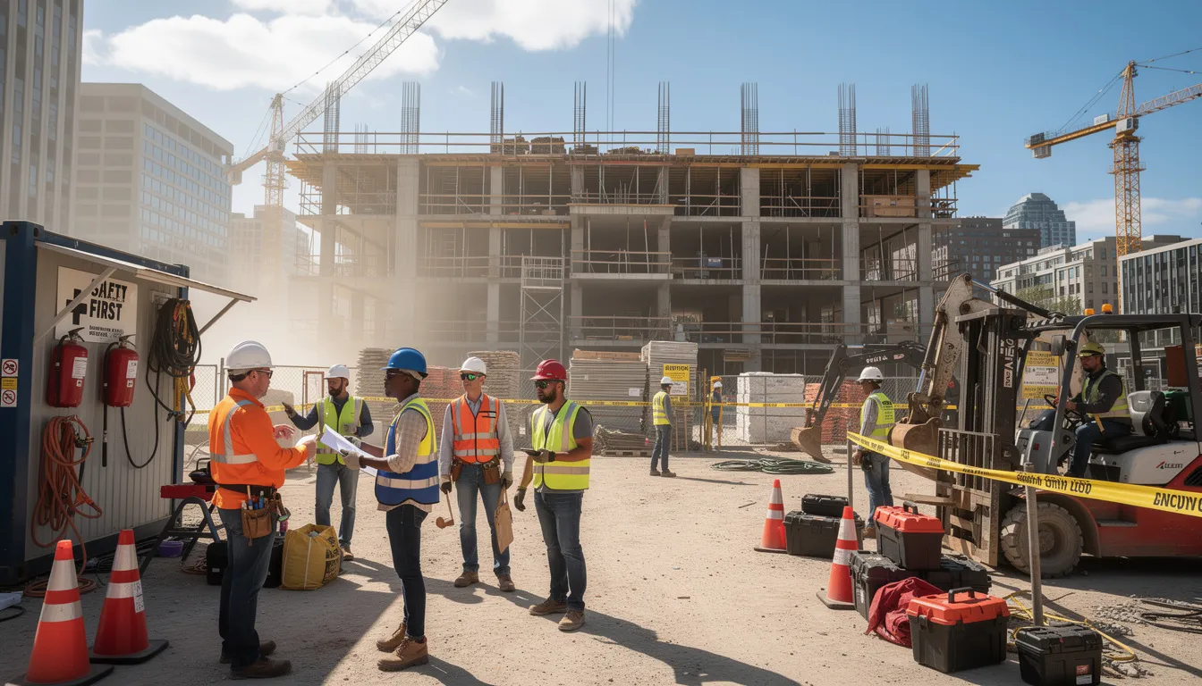 The image depicts a bustling construction site with various contractors wearing safety gear, surrounded by equipment and materials. This scene highlights the importance of workplace safety and the potential risks that could lead to workplace injuries, emphasizing the need for workers compensation and legal support for injured workers.