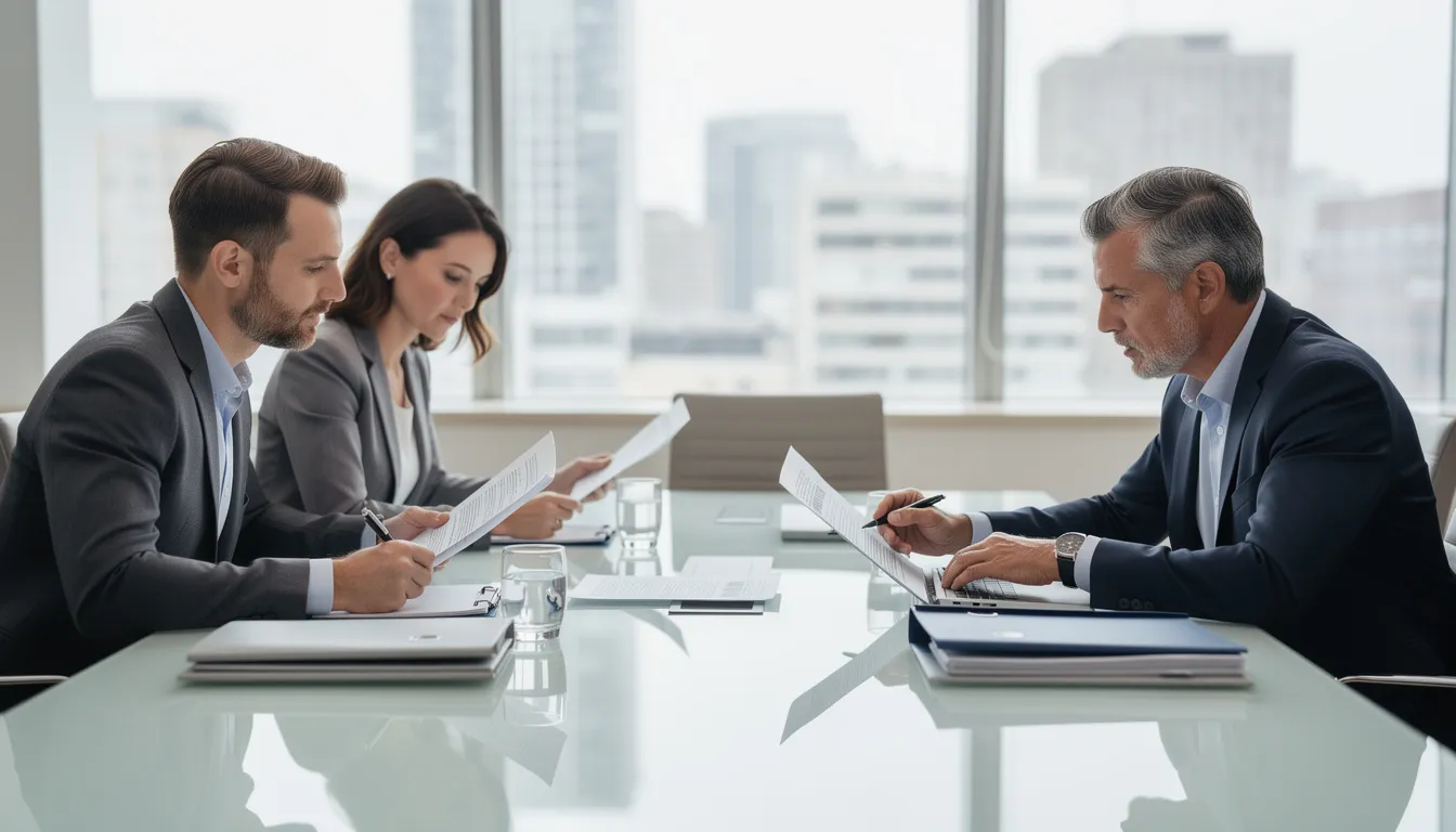 The image depicts a professional meeting in a law office where an experienced estate planning attorney is engaged with clients, reviewing legal documents related to their customized estate plans. The atmosphere is focused and collaborative, reflecting the attorney's role in guiding clients through the estate planning process.