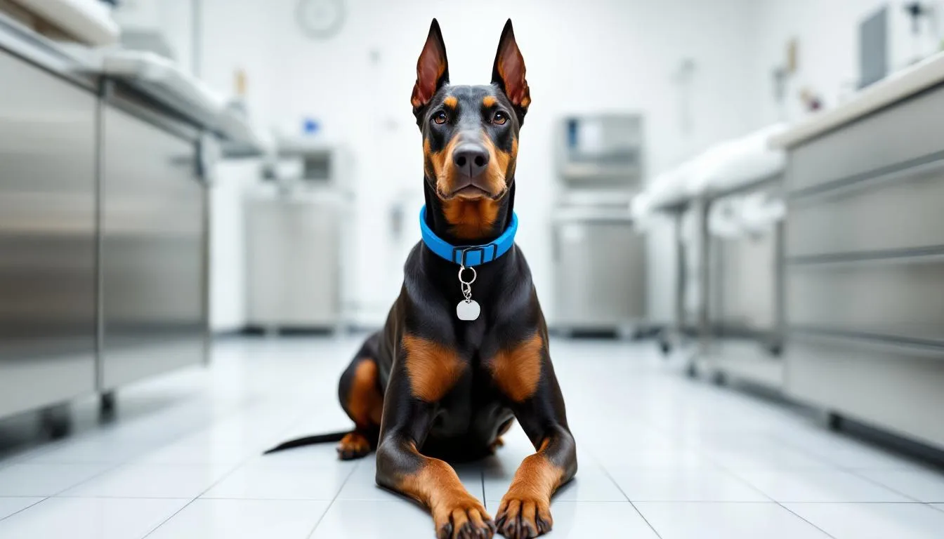 A calm Doberman Pinscher sits in a veterinary examination room, where it may be evaluated for conditions such as von Willebrand disease, a common inherited bleeding disorder that affects dogs. The environment suggests a focus on health, possibly involving blood tests to assess the dog