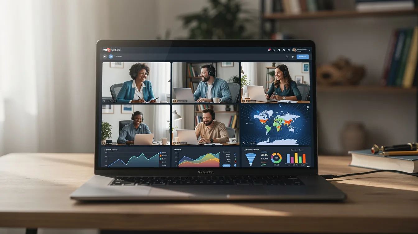 A group of remote marketing professionals, including social media managers and digital marketing specialists, are collaborating on a video call, with charts and analytics dashboards displayed on their screens to analyze campaign performance and improve search engine rankings. This scene highlights the importance of remote marketing teams in achieving business objectives through effective collaboration and data-driven strategies.