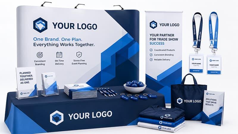Trade show branding setup with backdrop, retractable banner, lanyards, tote bag, brochures and apparel