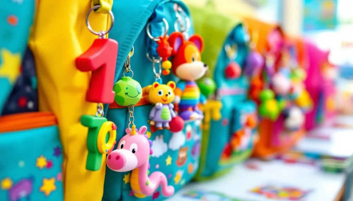 Kolorowe breloczki dla dzieci przypięte do szkolnych plecaków. Różne kształty i kolory ułatwiają personalizację i rozpoznanie plecaka.
