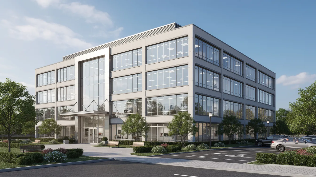 The image depicts a medium-sized office building, showcasing its modern architecture and prominent entrance. This property serves as a valuable asset for real estate investors, offering potential for significant tax benefits through strategies like cost segregation and accelerated depreciation.