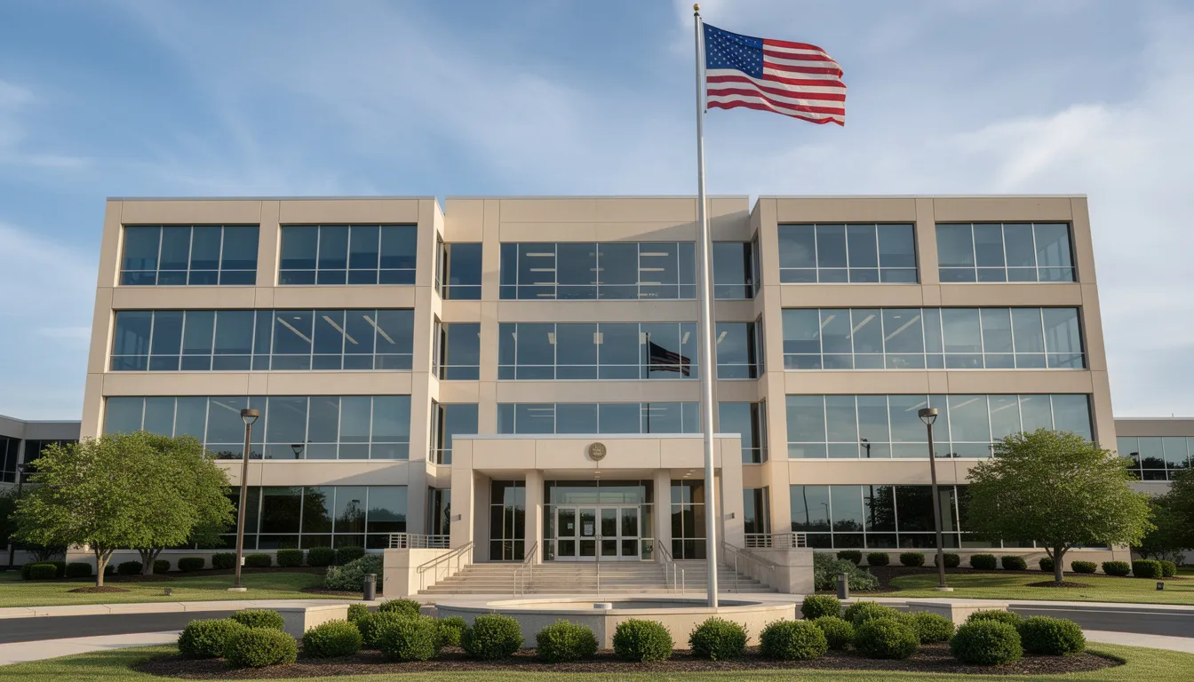 The image depicts a modern government office building with a sleek design, prominently featuring an American flag waving in front. This setting is often associated with the Social Security Administration, where individuals can apply for social security disability benefits and gather necessary documentation for their claims.