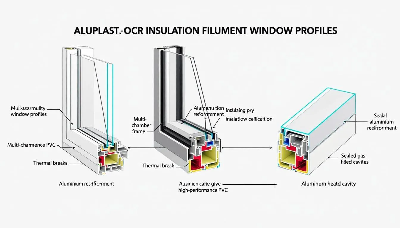 Een technisch diagram toont de isolatie-eigenschappen en energie-efficiëntie van Aluplast profielen, met nadruk op uitstekende thermische isolatie en de voordelen van kunststof kozijnen. Het diagram illustreert de robuuste constructie en de geavanceerde technologie die bijdragen aan lagere energiekosten en een lange levensduur van de nieuwe kozijnen.