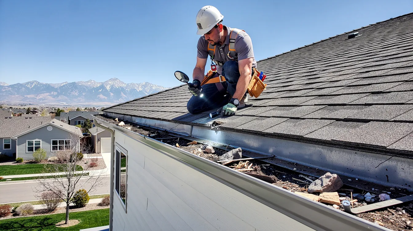 A technician is inspecting the roof edge gutter channel of a sunny Colorado home, ensuring the gutter systems are in good condition to prevent water damage. The scene highlights the importance of professional gutter installation and maintenance for homeowners in the Pueblo area.