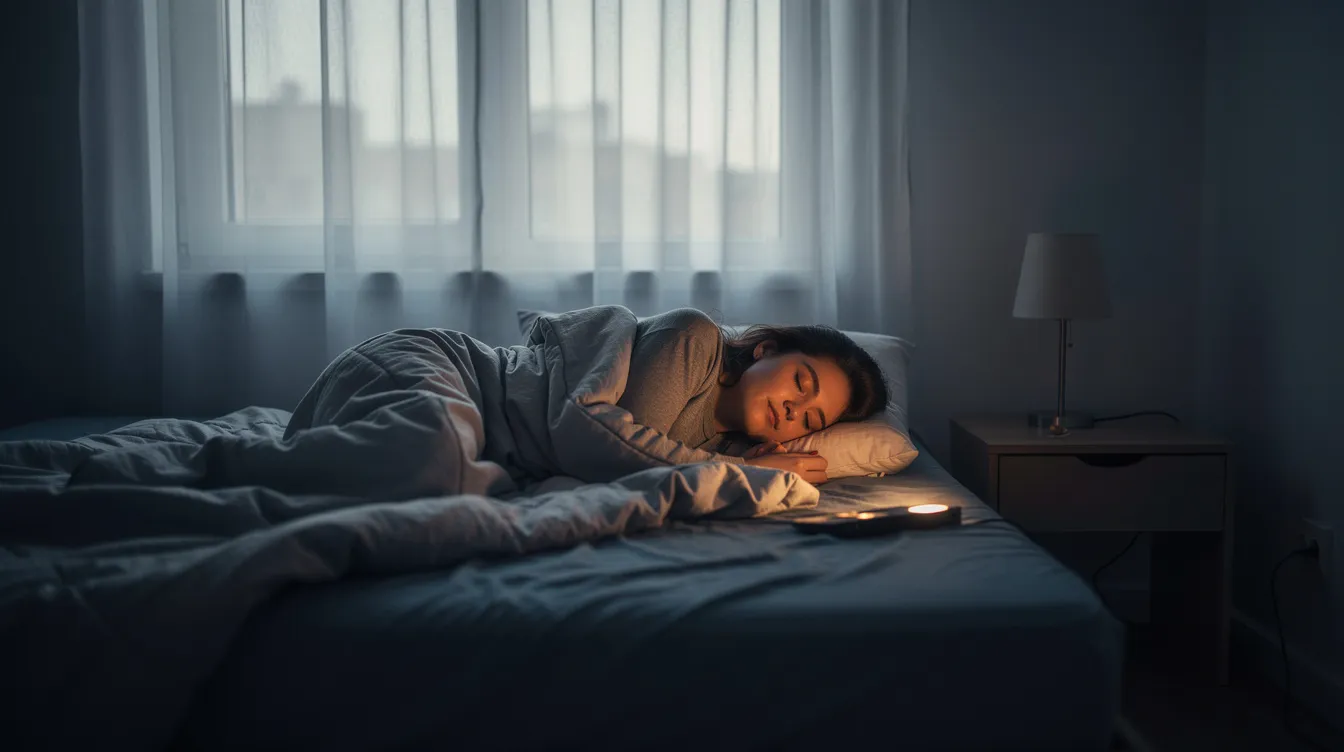 A person is sleeping peacefully in a dimly lit bedroom, illuminated by soft natural light, suggesting a state of deep sleep that promotes restorative rest and improved sleep quality. The serene atmosphere highlights the importance of a calm environment for falling asleep and maintaining a healthy sleep cycle.
