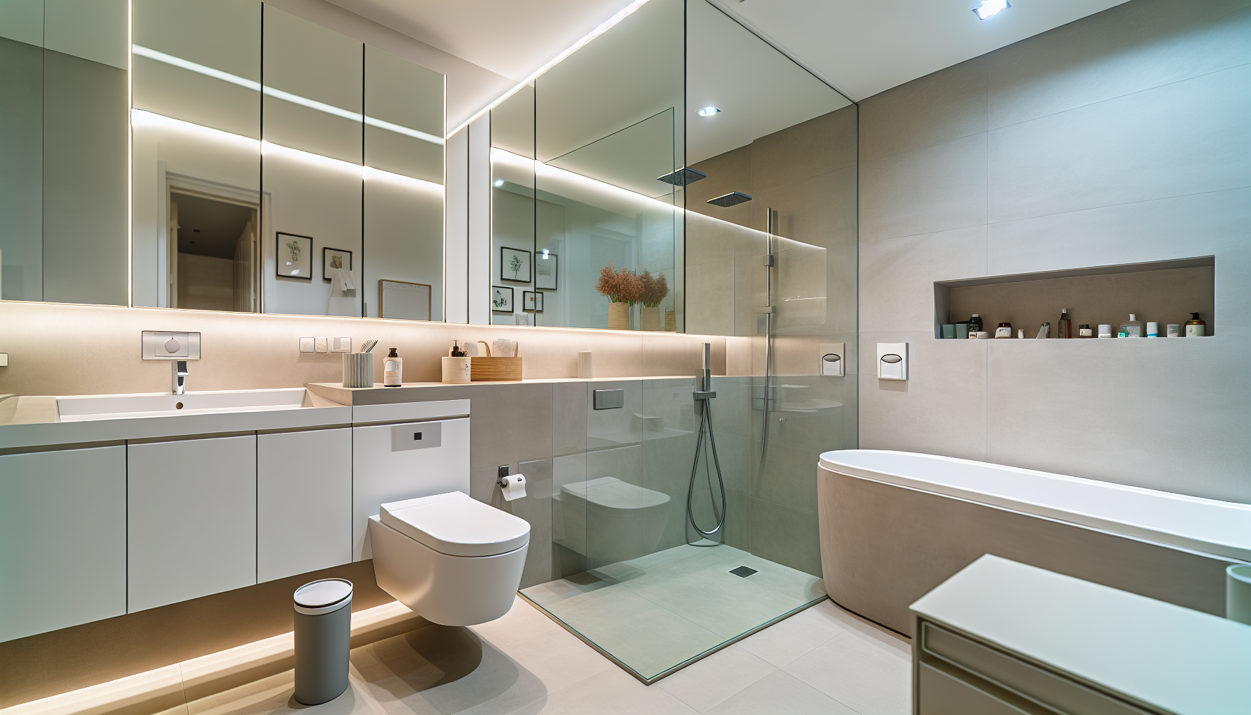 A contemporary bathroom with energy-efficient fixtures and smart lighting systems