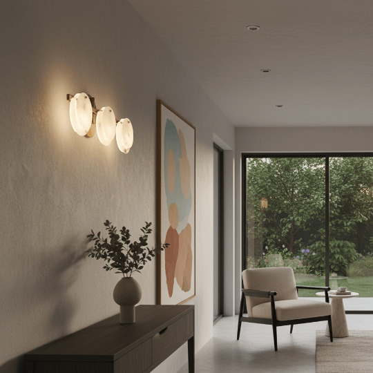 Trio of frosted glass wall sconces casting warm light on a textured wall, a sleek chandelier alternative for a hallway or living space.