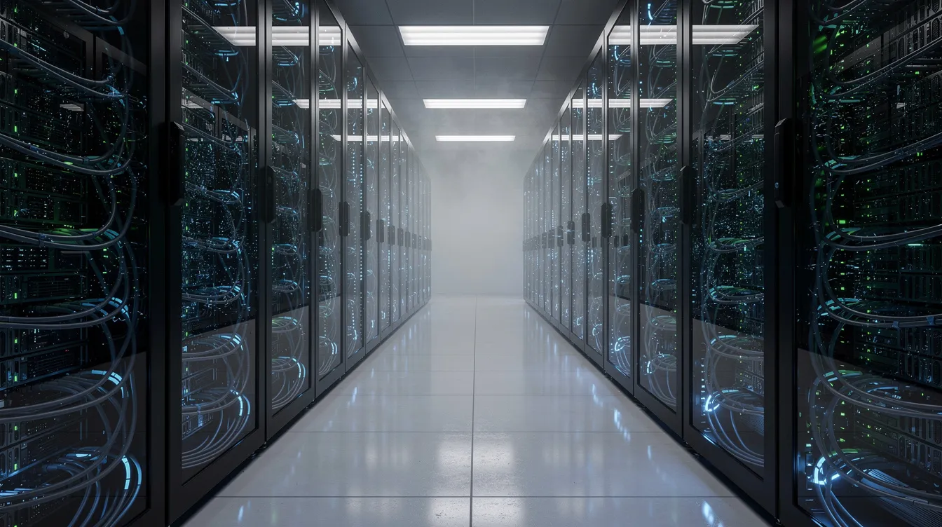 The image depicts a modern data center featuring rows of server racks, all illuminated by vibrant blue and green LED lights, showcasing the advanced technology behind web hosting services. This high-tech environment is essential for hosting providers to manage server resources efficiently and support multiple websites.