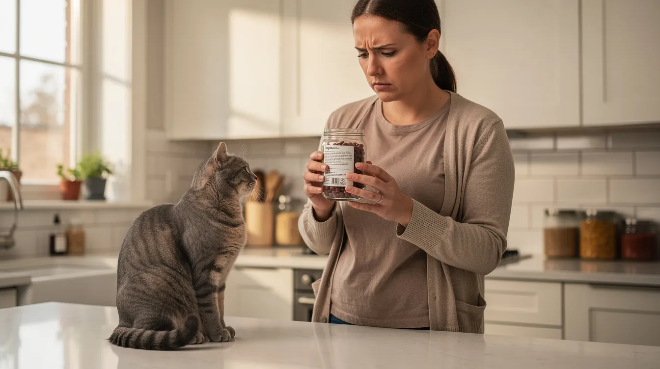 The image shows a concerned cat owner in a kitchen, intently checking the label on a jar of peanut butter, possibly wondering about its safety for their feline friend. The owner's expression reflects worries about the potential health risks, such as peanut allergies or the dangers of xylitol poisoning, while considering whether cats eat peanut butter in very small amounts as a treat.