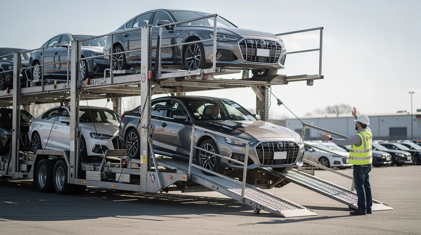 A sedan is being carefully loaded onto a multi-level open car carrier trailer, showcasing the vehicle transport process commonly used in cross country car shipping. This scene highlights the efficiency of car shipping services for transporting vehicles across the country.