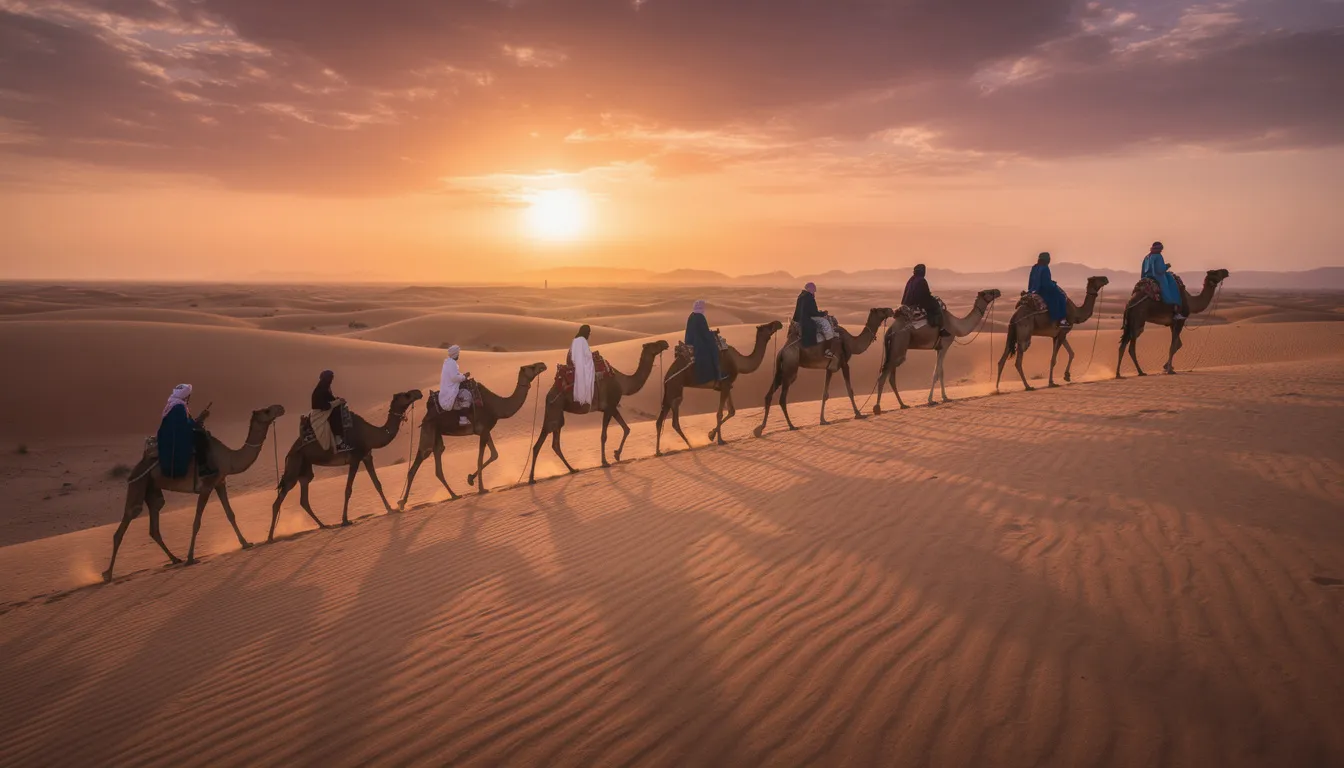 A camel caravan gracefully crosses the golden sand dunes of the Moroccan Sahara at sunset, creating a stunning silhouette against the vibrant sky. This scene captures the essence of a Sahara desert tour, showcasing the tranquil beauty of the dunes as they reflect the warm hues of the setting sun.