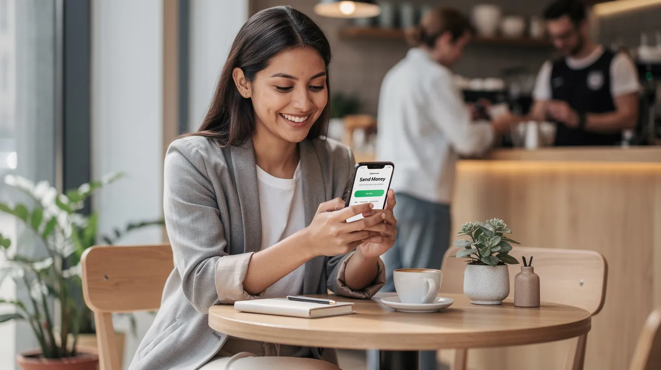 A young woman is smiling as she uses a mobile money transfer app on her phone while sitting in a cozy cafe. This scene highlights the convenience of sending money abroad through various money transfer services, such as Wise or Western Union, offering competitive rates and multiple payment methods.