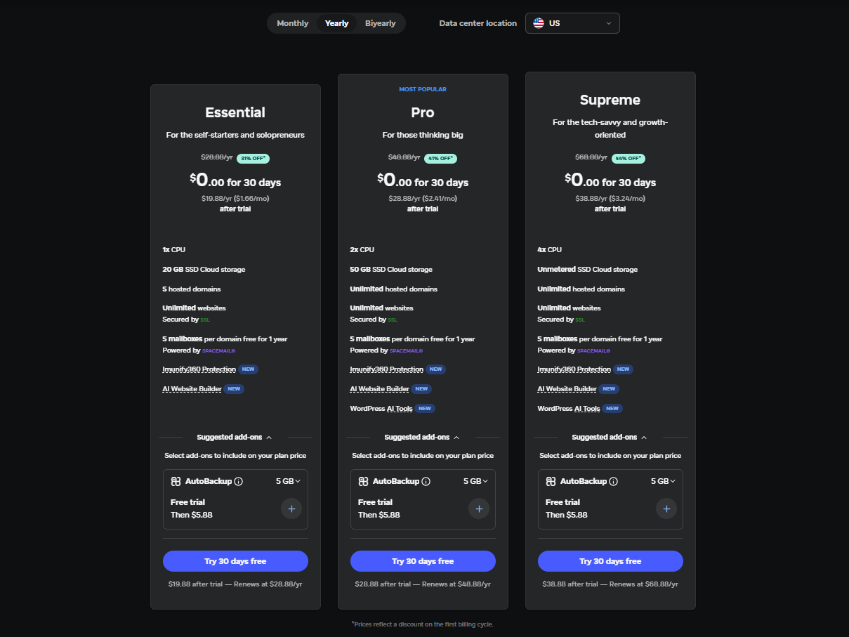 Screenshot of Spaceship.com's plans