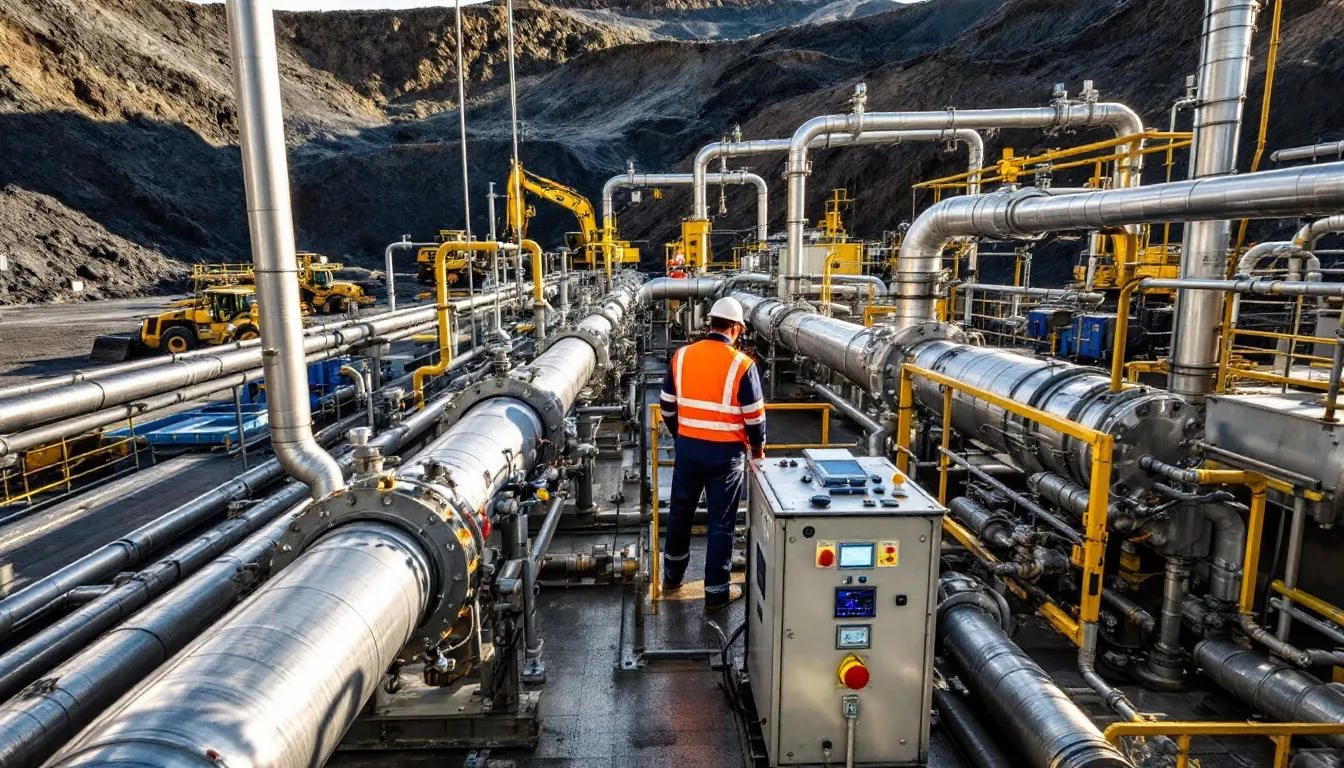 The image depicts gas capture equipment and a processing facility at a coal mine site, showcasing machinery designed to manage and process coal seam gas and methane emissions. This facility plays a crucial role in improving worker safety and reducing greenhouse gas emissions in active mining areas.