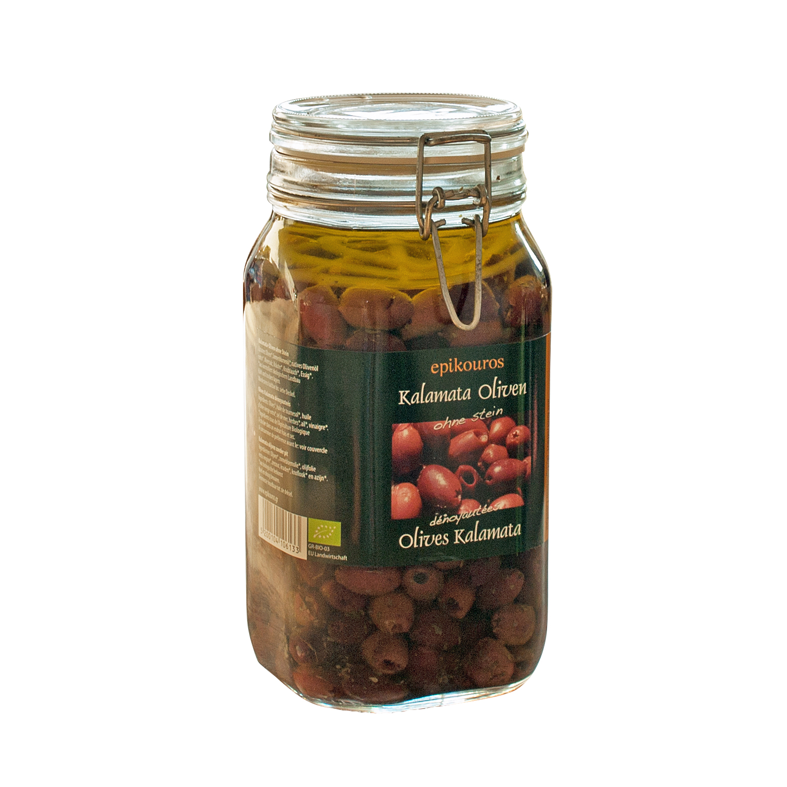 Øko RAW upasteuriseret Kalamata oliven uden sten i olie med urter.
