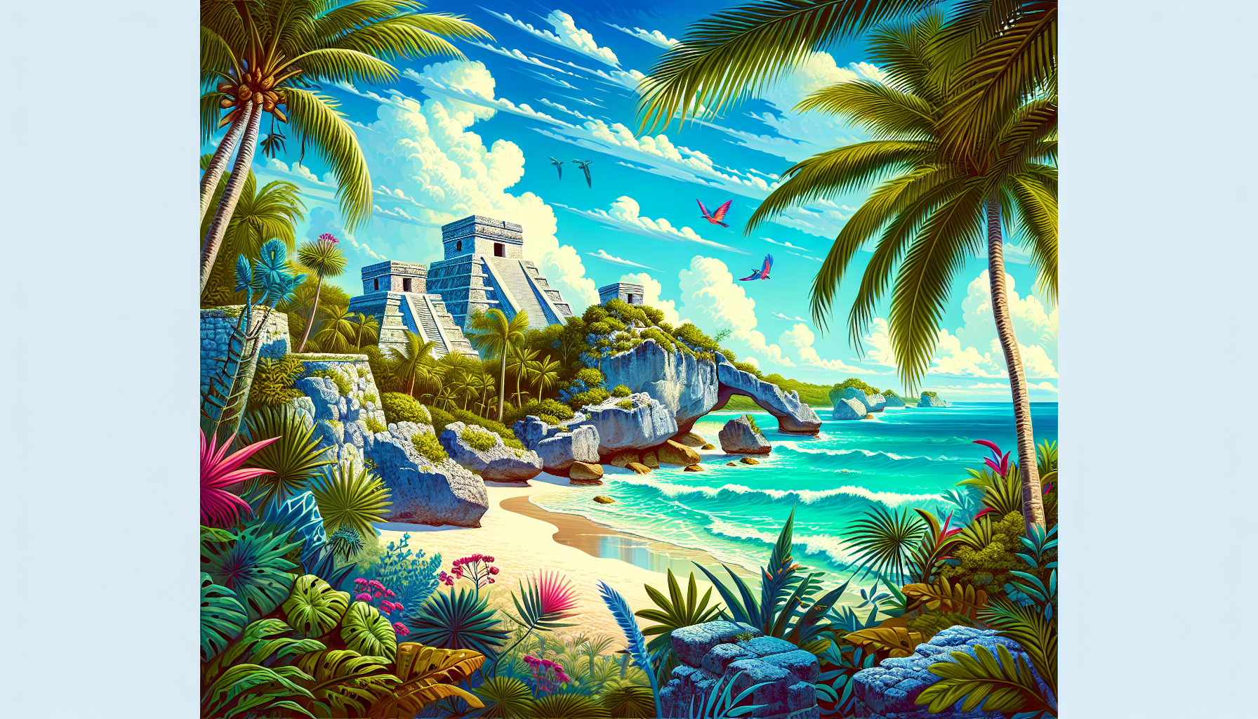 An illustration showcasing Tulum's cultural and natural attractions, emphasizing its beauty.