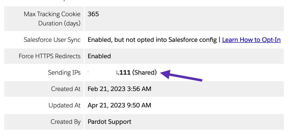 Pardot's account settings displaying sending IP type