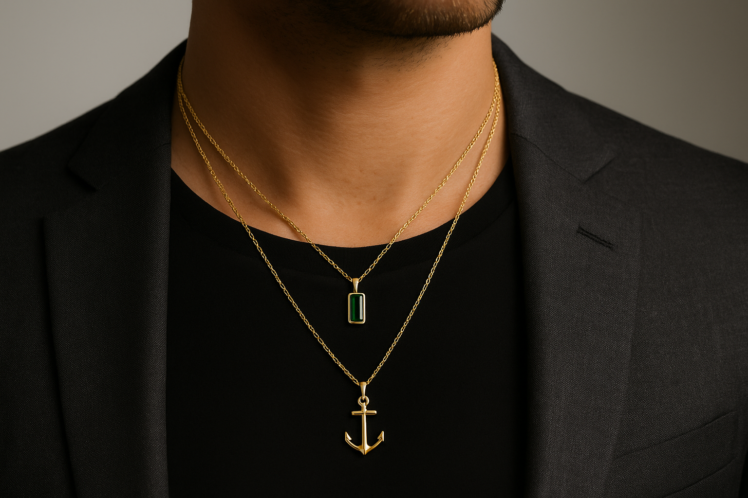 Vyro kaklas su skirtingo ilgio auksinėmis grandinėlėmis