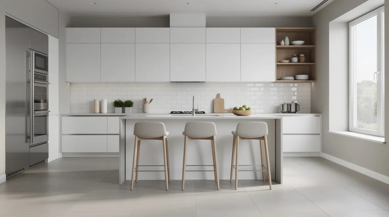 The image depicts a modern kitchen featuring matte floor tiles that provide a slip-resistant surface, complemented by a glossy backsplash that reflects natural light. The combination of textured finishes and polished elements creates an understated elegance, making it suitable for both residential and commercial spaces.