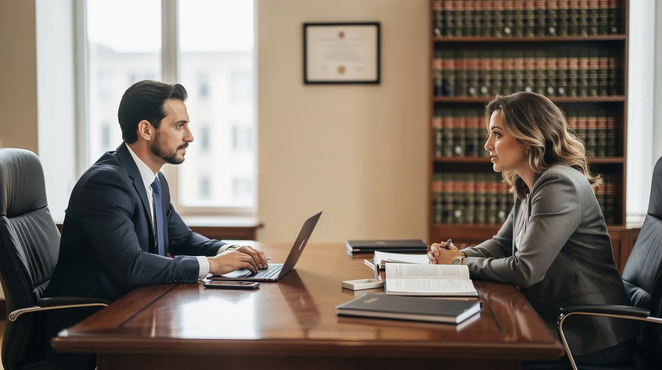 The image depicts a professional meeting between an experienced personal injury attorney and a client in a law office setting, where they are discussing legal options regarding a personal injury claim. The atmosphere is focused and supportive, reflecting the attorney's commitment to helping injury victims navigate their financial recovery and achieve fair compensation for their medical expenses and lost wages.
