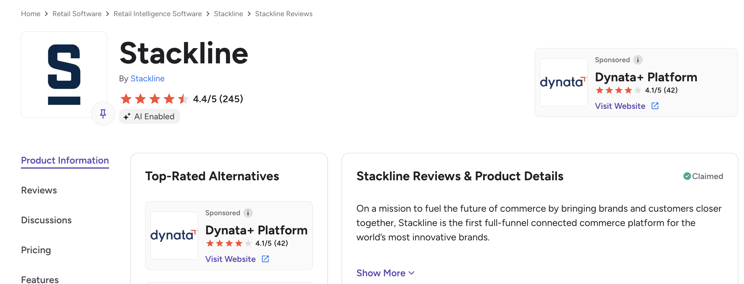 Stackline reviews on g2.