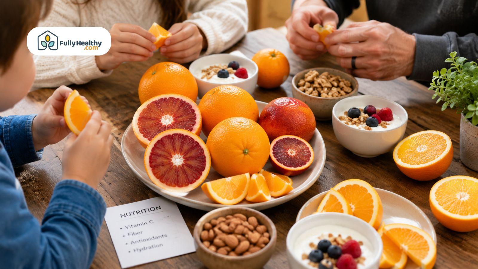Family enjoying oranges and blood oranges with healthy breakfast foods together