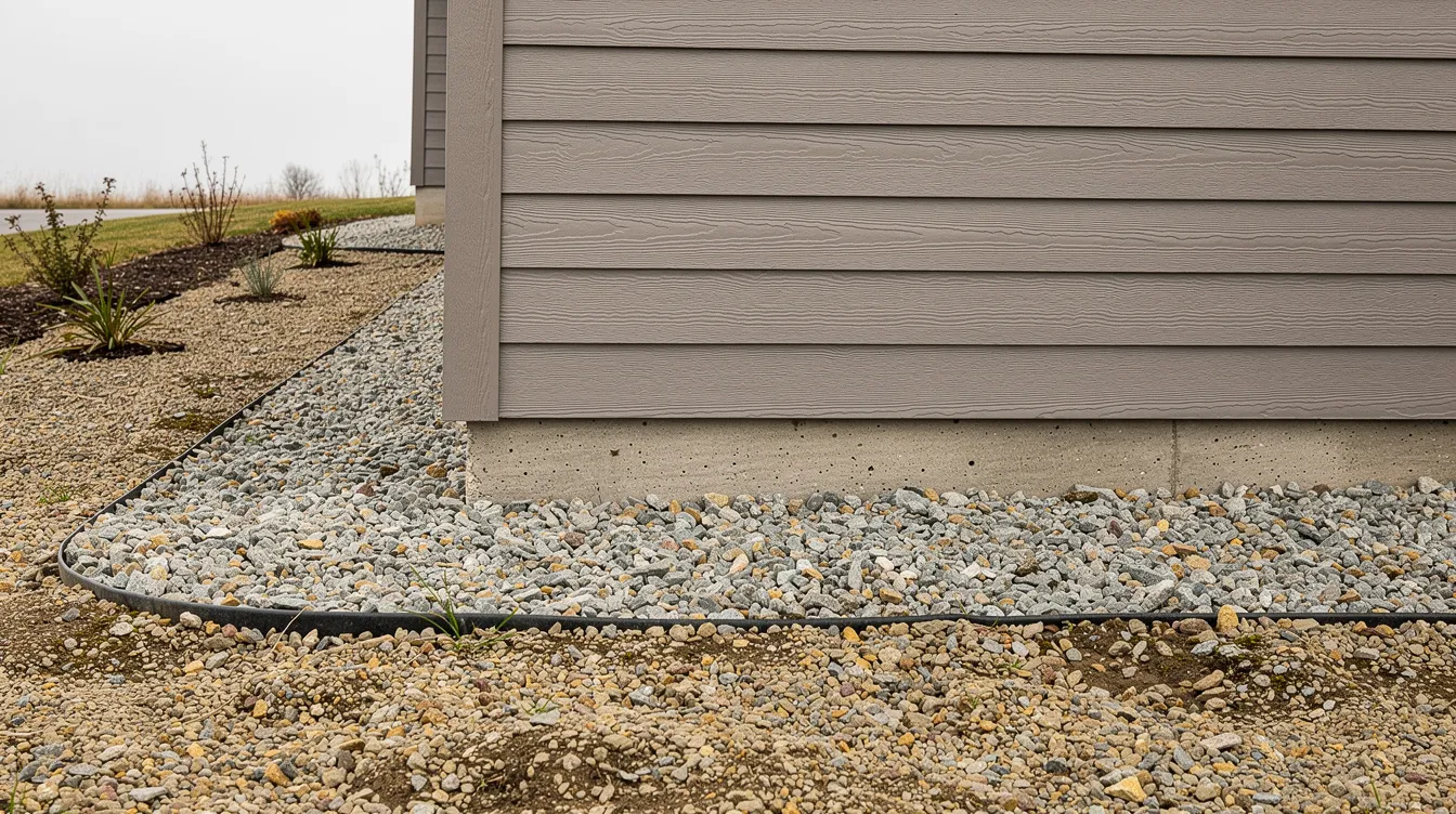 The image depicts the exterior of a house featuring a gravel border around its foundation and fire-resistant siding, designed to enhance the home's resilience against natural disasters and extreme weather events. This climate-resilient design not only protects against fire damage but also contributes to improved energy efficiency and reduced energy bills.
