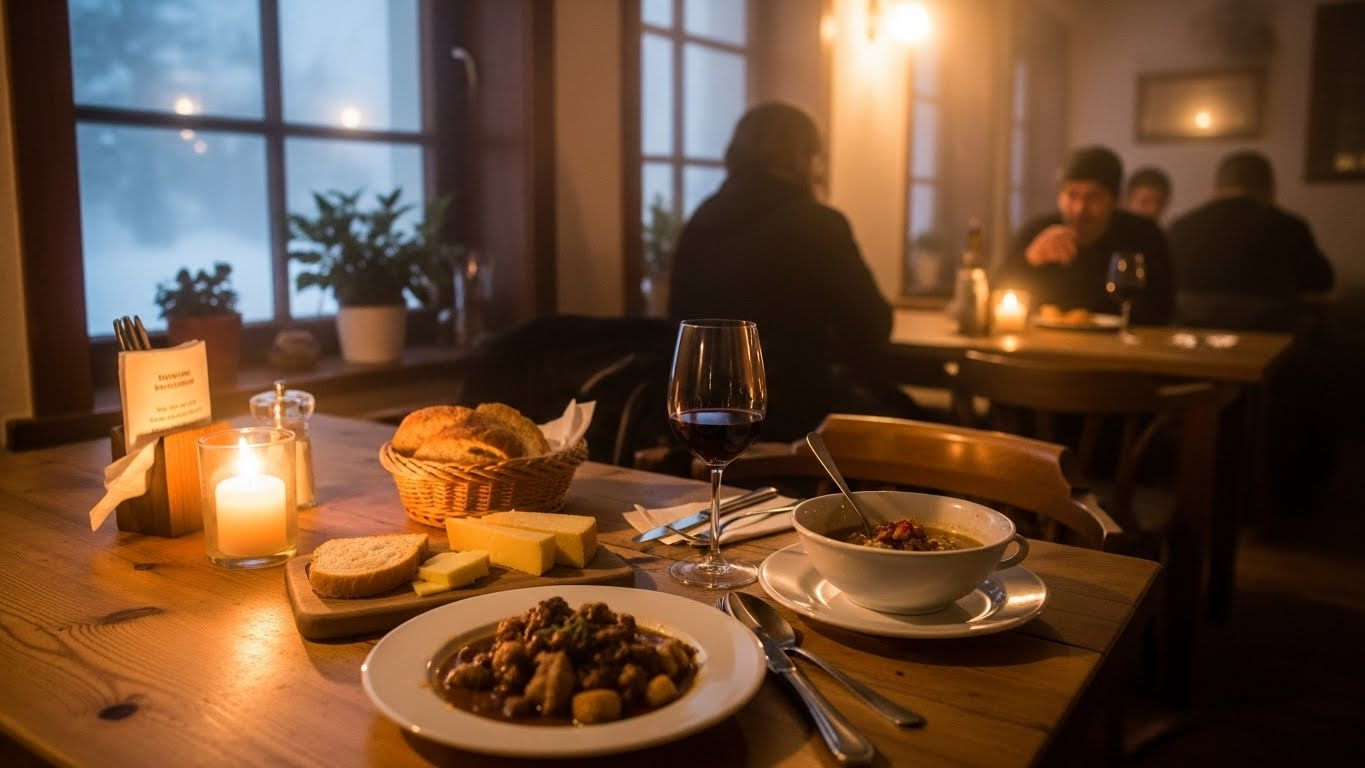 Cozy winter evening in Slovenia with traditional food, warm lighting, and a relaxed café atmosphere reflecting the slow pace of winter life.