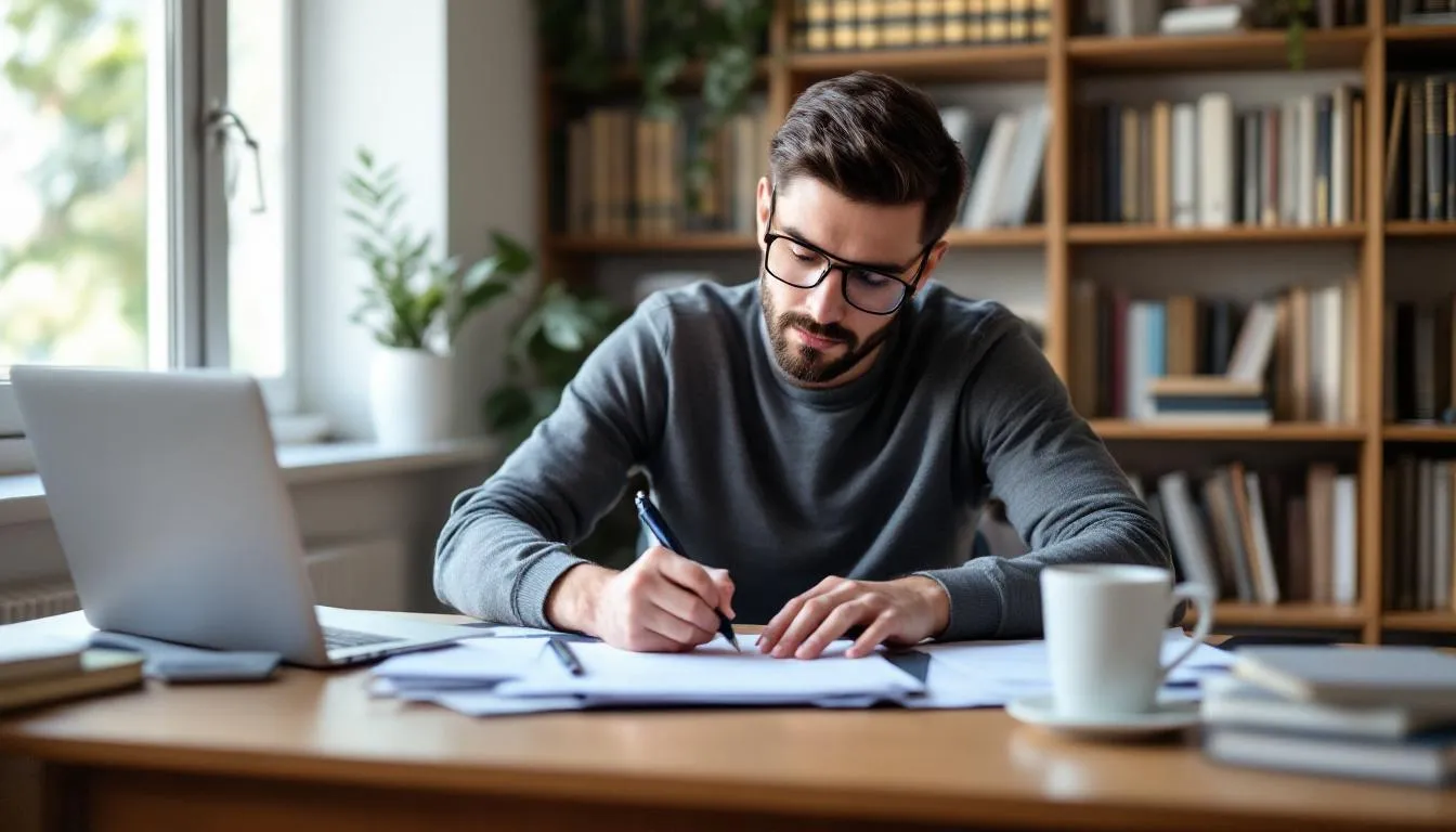 Une personne est assise à un bureau, rédigeant un contrat pour un projet de construction. Des documents et des outils de travail sont éparpillés autour d'elle, reflétant son engagement envers l'excellence et la gestion des travaux de rénovation.