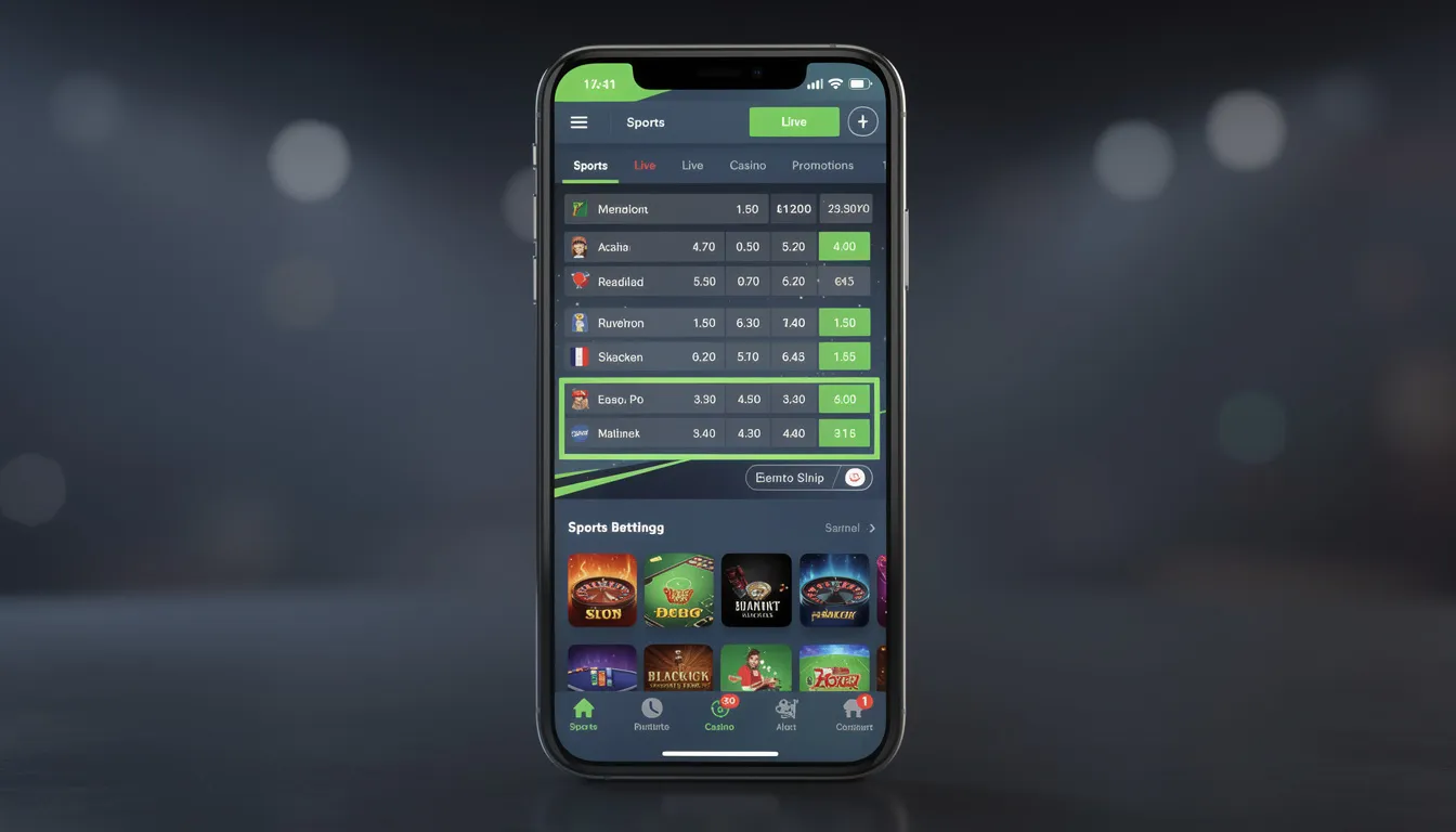 En smartphone visar en app för sportspel och casino, där användaren kan se olika spelalternativ och insatser. Det verkar som att vi inte kan ladda expekt.com eller att det finns något fel med din internetanslutning.