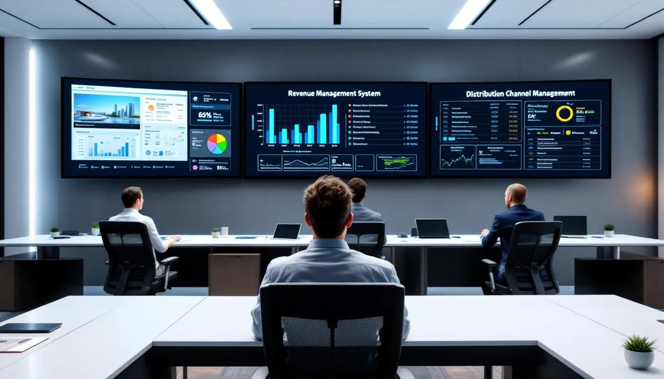 The image depicts a modern hotel technology setup featuring integrated screens displaying a Property Management System (PMS), Revenue Management System (RMS), and distribution channel management systems. This setup is essential for implementing dynamic pricing strategies and optimizing revenue in the hospitality industry by analyzing market demand and competitor pricing.