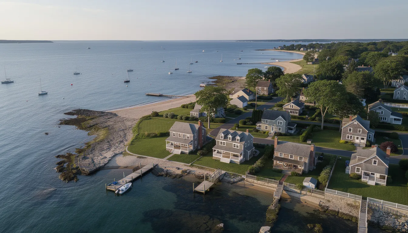 An aerial view showcases the picturesque Connecticut shoreline, featuring charming coastal homes nestled along the waterfront property of Long Island Sound. This stunning landscape highlights the exceptional quality of life in coastal communities like Old Saybrook and East Lyme, where families can find their dream home amidst beautiful surroundings.