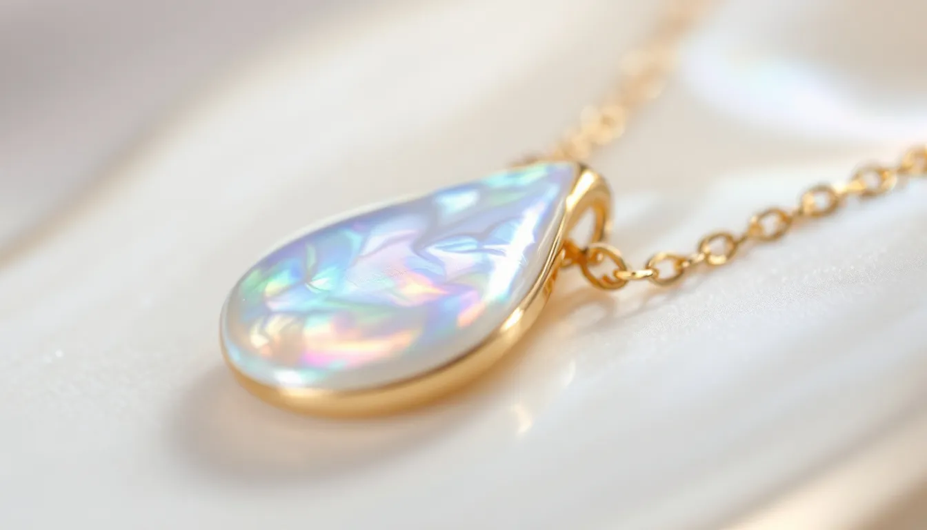 The image features a stunning gold-plated teardrop necklace adorned with mother of pearl, showcasing its unique luster and iridescent layers. This elegant piece of fine jewelry highlights the beauty of pearl jewelry, making it a perfect personal accessory for any occasion.