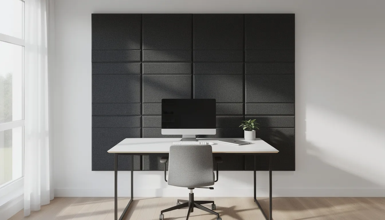 Een moderne thuiswerkplek met antraciet akoestische panelen achter een strak bureau, die een stijlvolle en elegante uitstraling geven aan de ruimte. De wandpanelen bieden niet alleen een verfijnde afwerking, maar ook praktische voordelen zoals geluidsreductie en vochtbestendigheid.