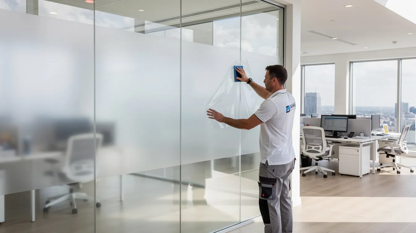A professional installer is meticulously applying window film to a large glass panel in a bright commercial office space, showcasing specialized services in the home improvement sector. This scene reflects the growing demand for home improvement franchises, emphasizing the importance of superior service and customer satisfaction in enhancing living spaces.