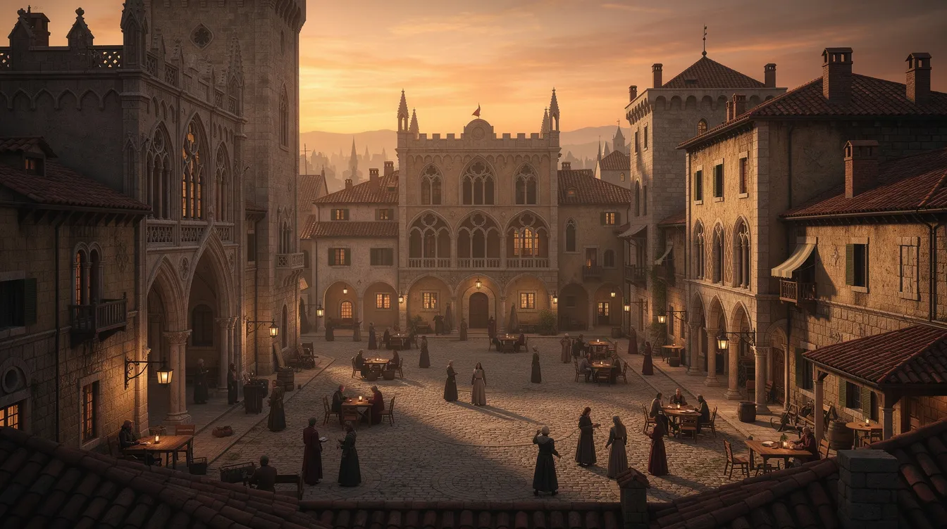 Vista panorâmica de uma praça medieval europeia ao entardecer, destacando edifícios góticos e renascentistas, que refletem a rica história da cidade, como a famosa Cracóvia, com seu centro histórico e pontos turísticos imponentes. O cenário é banhado por uma luz suave, criando uma atmosfera mágica e nostálgica.