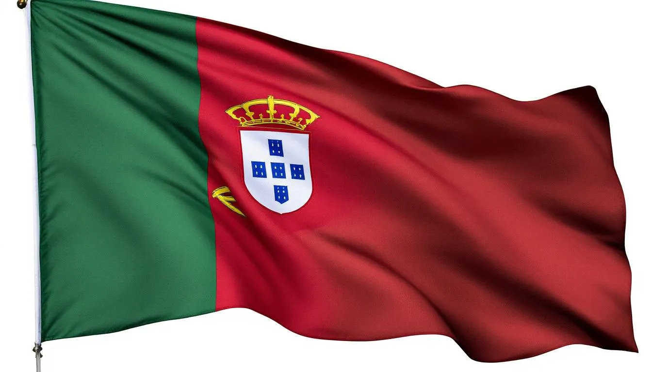 The image features the flag of Portugal, which consists of a vertical bicolor of green and red, with the national coat of arms at the center. This flag symbolizes Portugal's rich history and identity as a European country, known for its major cities and diverse culture.