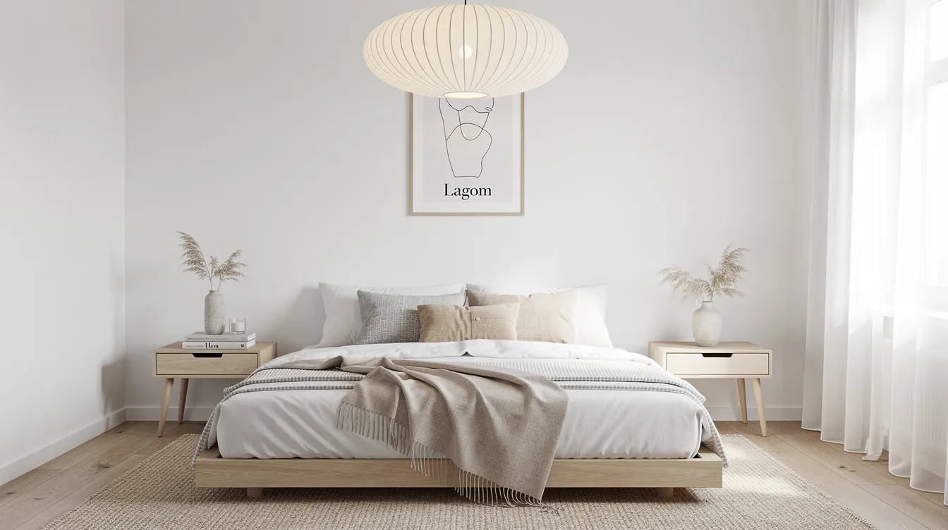 Ett skandinaviskt sovrum med en elegant pappersskärmslampa i naturliga toner som hänger från taket, vilket skapar en varm och inbjudande atmosfär. Lampan ger ett mjukt ljus som passar perfekt för att skapa rätt belysning i rummet.