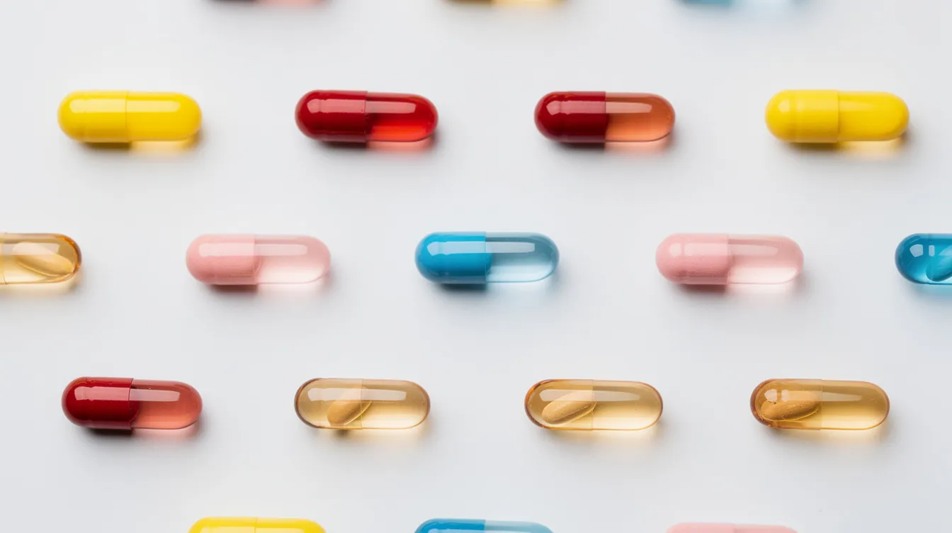 The image features a vibrant assortment of supplement capsules, showcasing a variety of colors, neatly arranged on a clean white surface. These capsules may include ingredients that support the methylation process, such as TMG supplements and B vitamins, which are essential for cellular health and energy production.
