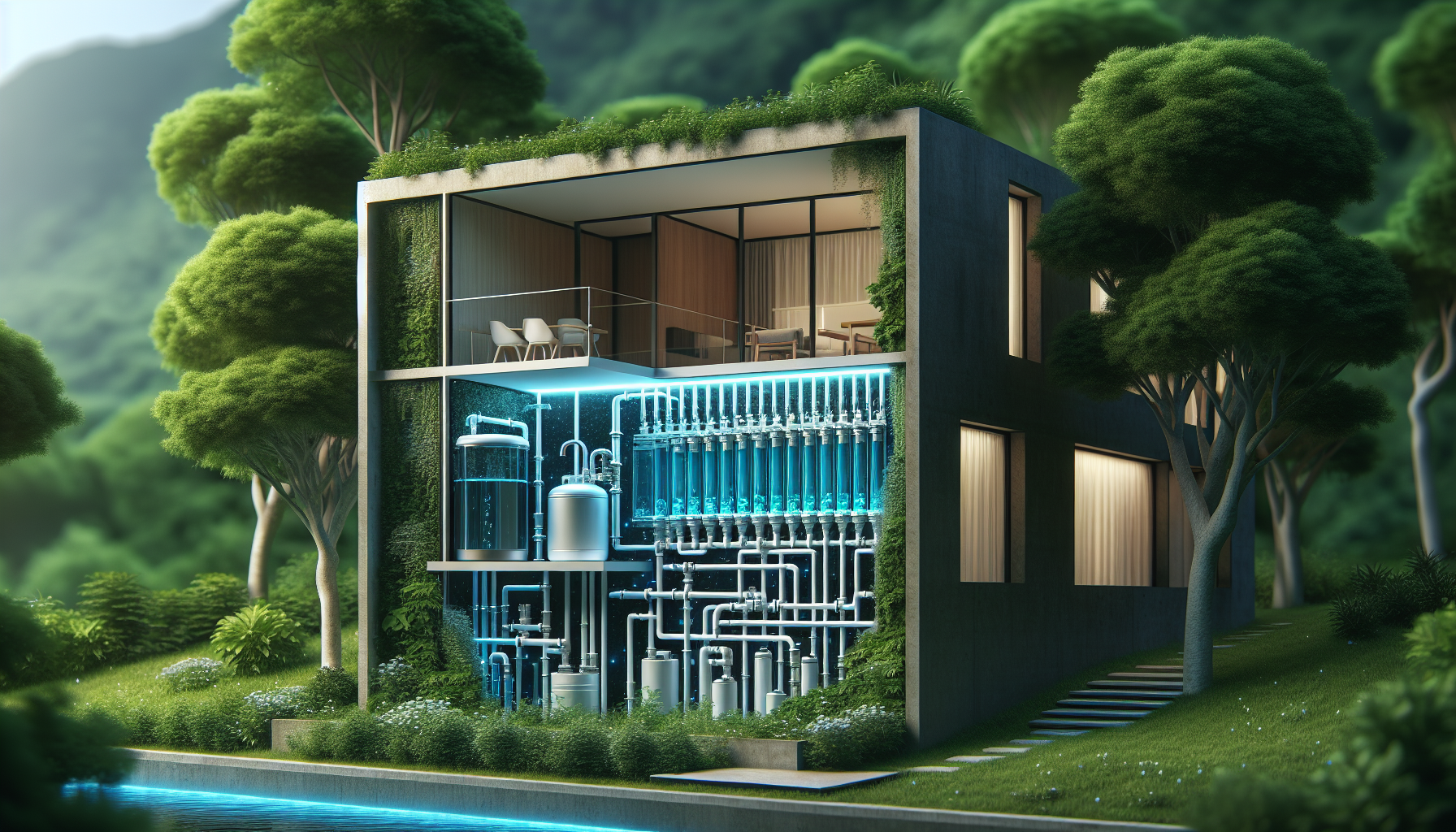 Illustration of a modern house with a water filtration system to depict the in-depth analysis of Puretec Water Filtration Systems