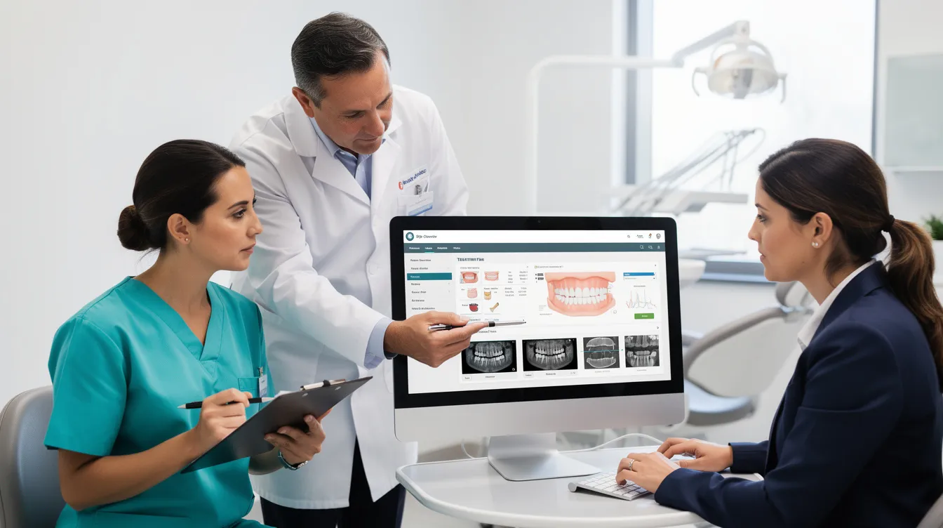 A dental office team is gathered around a computer, reviewing reports related to dental claims and insurance coverage. They are discussing dental benefits plans and the necessary documentation for submitting claims electronically to ensure efficient processing of dental services.
